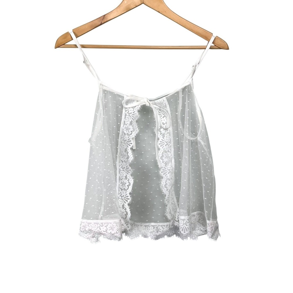 White Sheer Mesh Pola Dot Lace‎ Open Front Tie Camisole Top Coquette sz M Cute